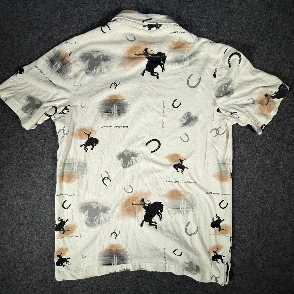 Kimes Ranch Mens M Bayard Polo Shirt Western Bronc Rider Horseshoe Print Cream - Picture 4 of 9